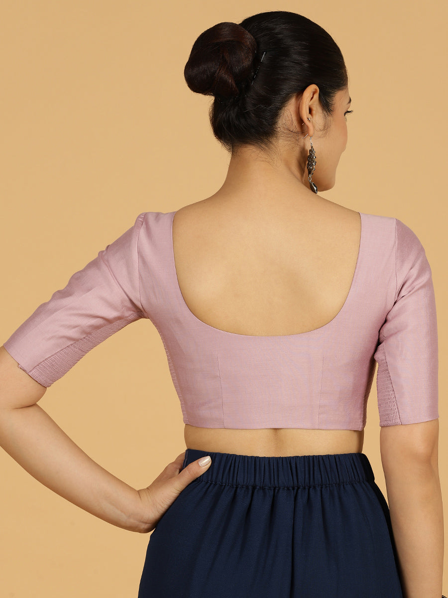 Vedika x Rozaana Saree Blouse, in Purple Viscose, featuring elbow sleeves and v-neckline, made for daily & work (view 2).