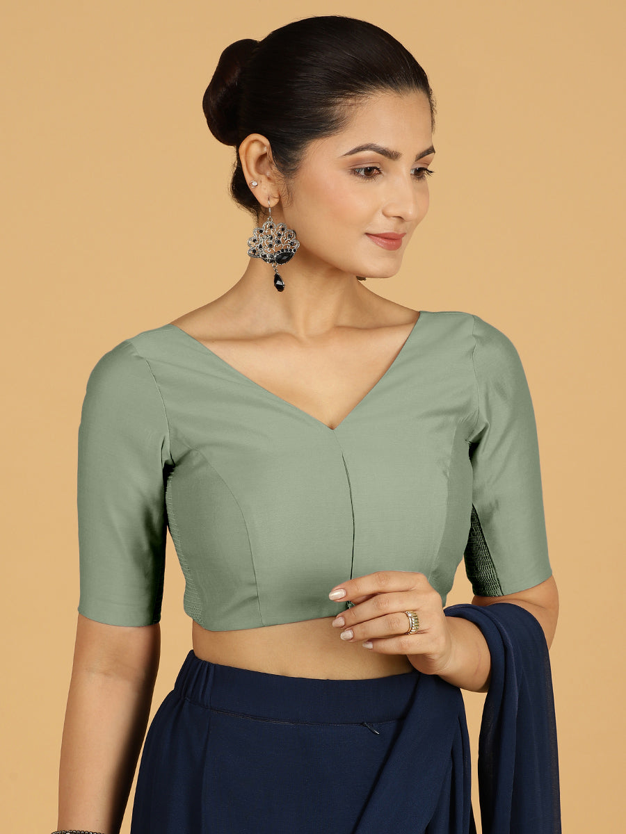 Vedika x Rozaana Saree Blouse, in Green Viscose, featuring elbow sleeves and v-neckline, made for daily & work.