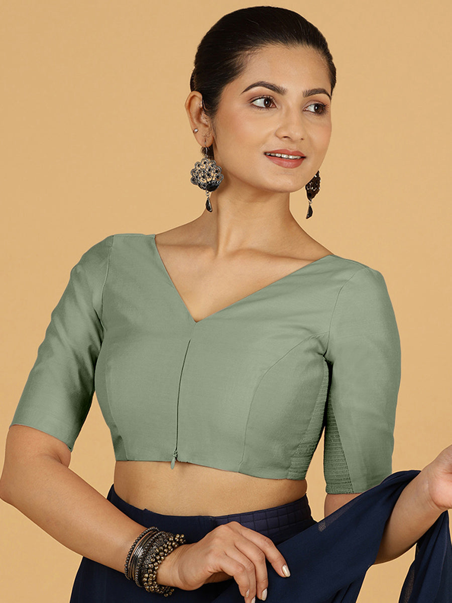 Vedika x Rozaana Saree Blouse, in Green Viscose, featuring elbow sleeves and v-neckline, made for daily & work (view 7).