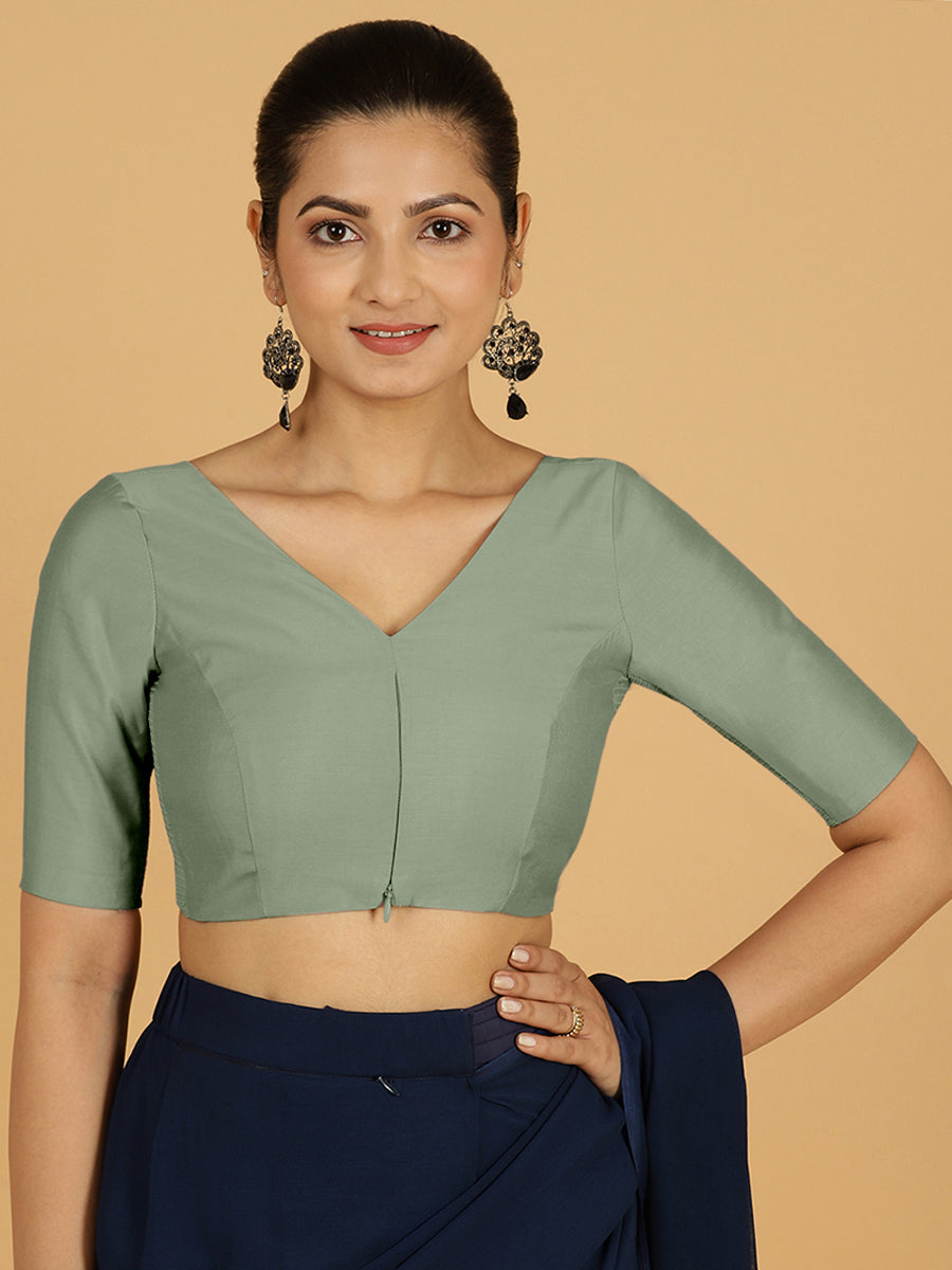 Vedika x Rozaana Saree Blouse, in Green Viscose, featuring elbow sleeves and v-neckline, made for daily & work (view 8).