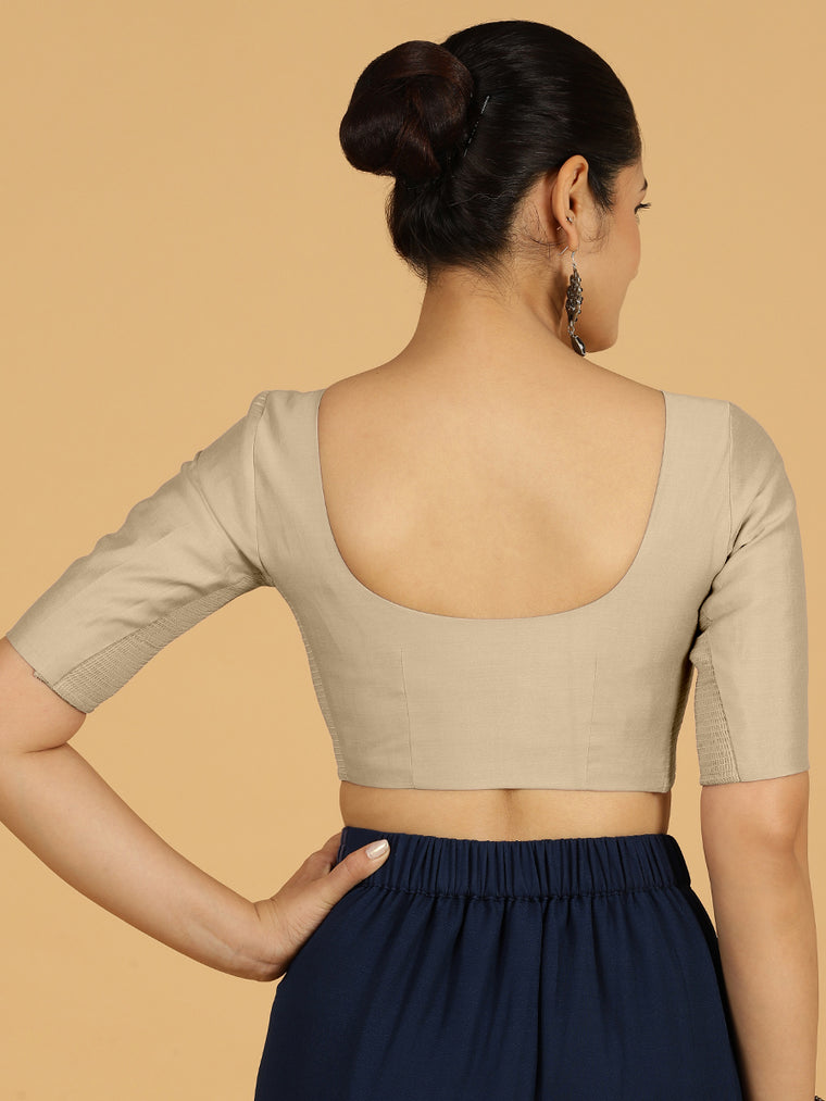 Vedika x Rozaana Saree Blouse, in Grey Viscose, featuring elbow sleeves and v-neckline, made for daily & work (view 2).