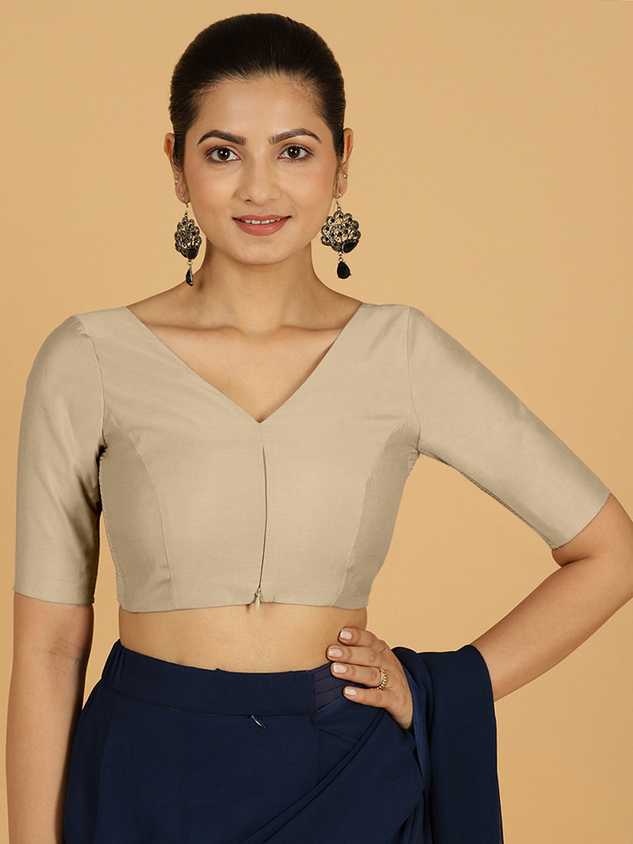 Vedika x Rozaana Saree Blouse, in Grey Viscose, featuring elbow sleeves and v-neckline, made for daily & work (view 8).