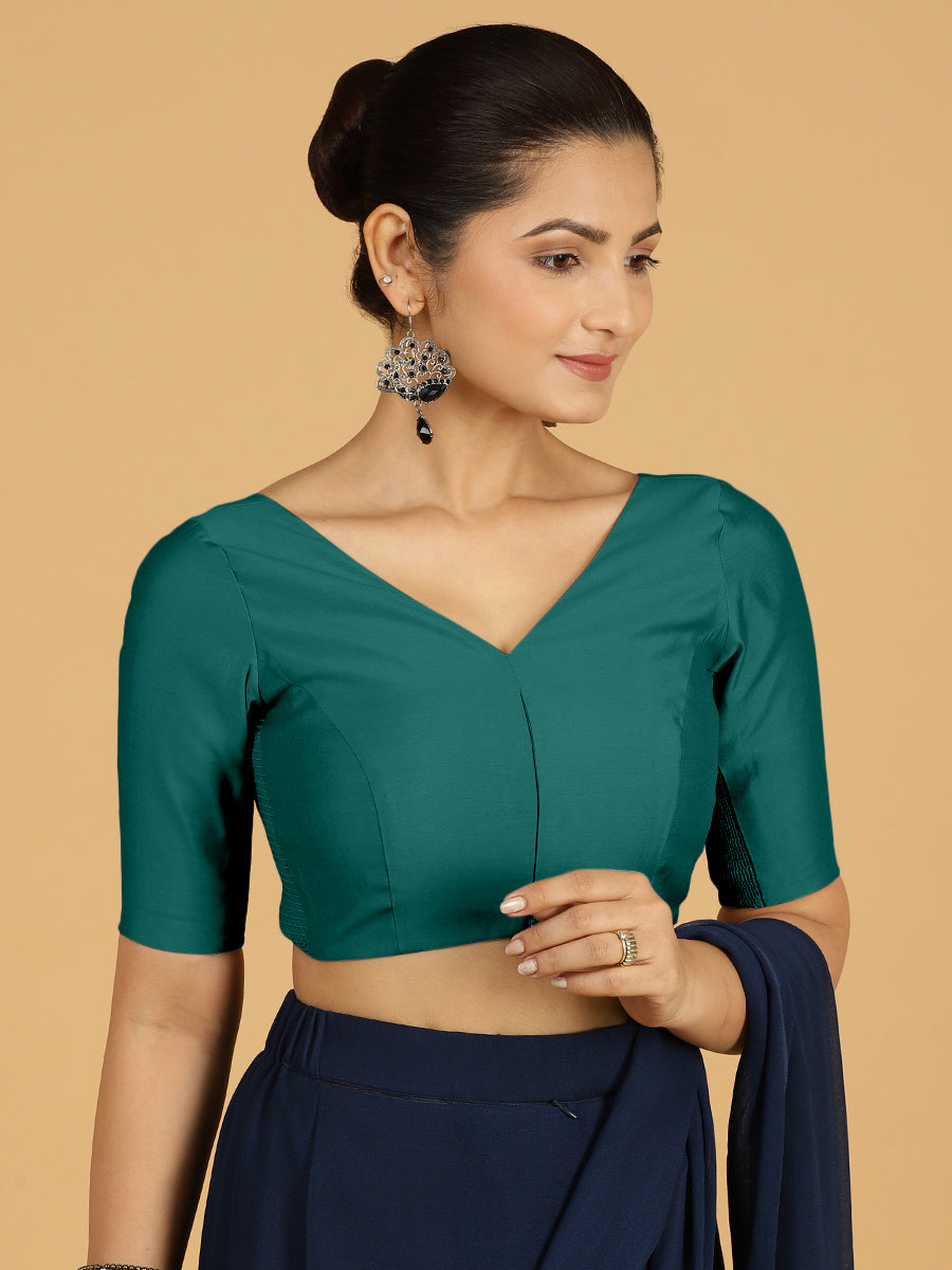 Vedika x Rozaana Saree Blouse, in Green Viscose, featuring elbow sleeves and v-neckline, made for daily & work (view 6).