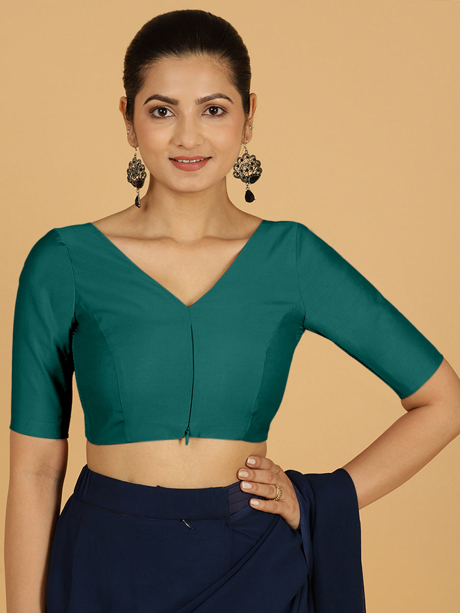 Vedika x Rozaana Saree Blouse, in Green Viscose, featuring elbow sleeves and v-neckline, made for daily & work (view 8).