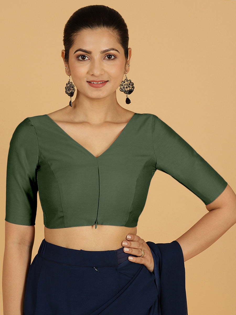 Vedika x Rozaana Saree Blouse, in Green Viscose, featuring elbow sleeves and v-neckline, made for daily & work.