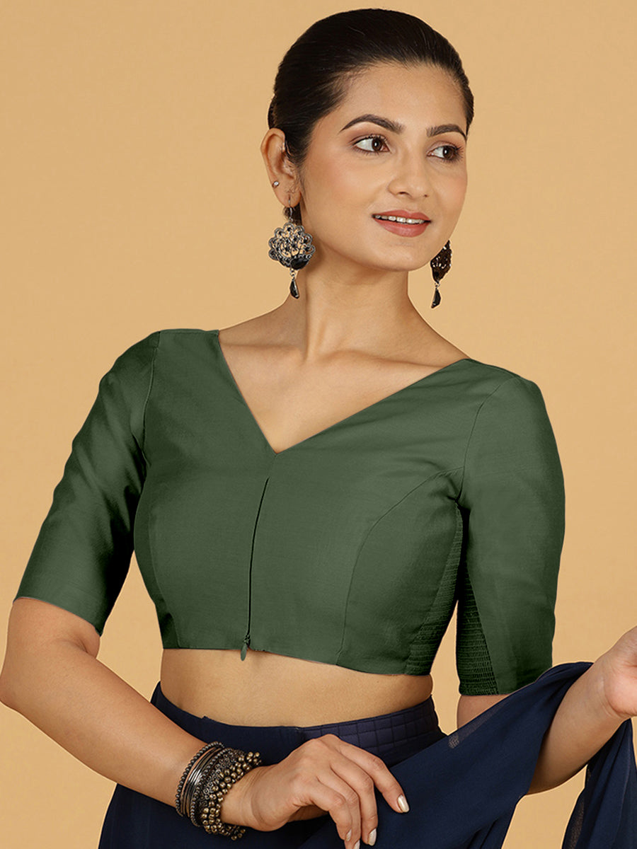 Vedika x Rozaana Saree Blouse, in Green Viscose, featuring elbow sleeves and v-neckline, made for daily & work (view 8).
