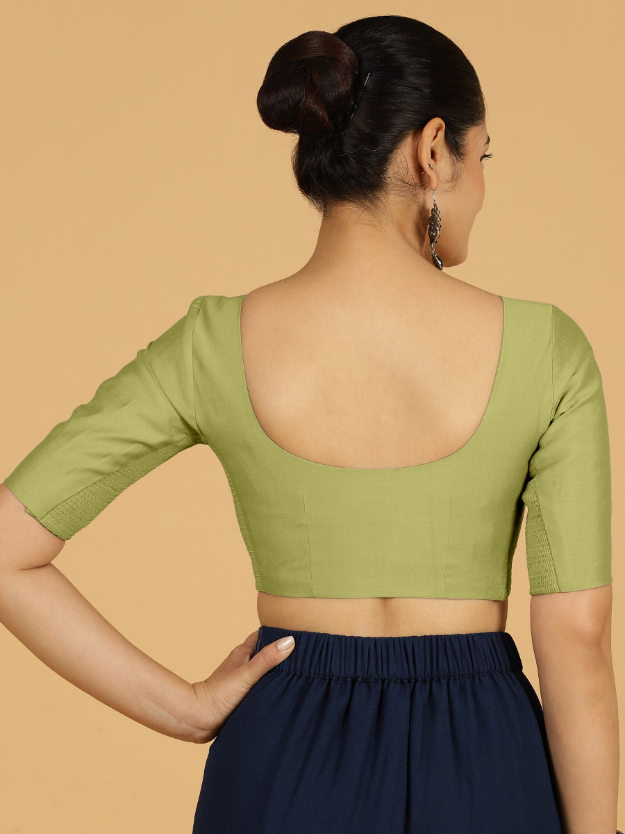 Vedika x Rozaana Saree Blouse, in Green Viscose, featuring elbow sleeves and v-neckline, made for daily & work (view 2).