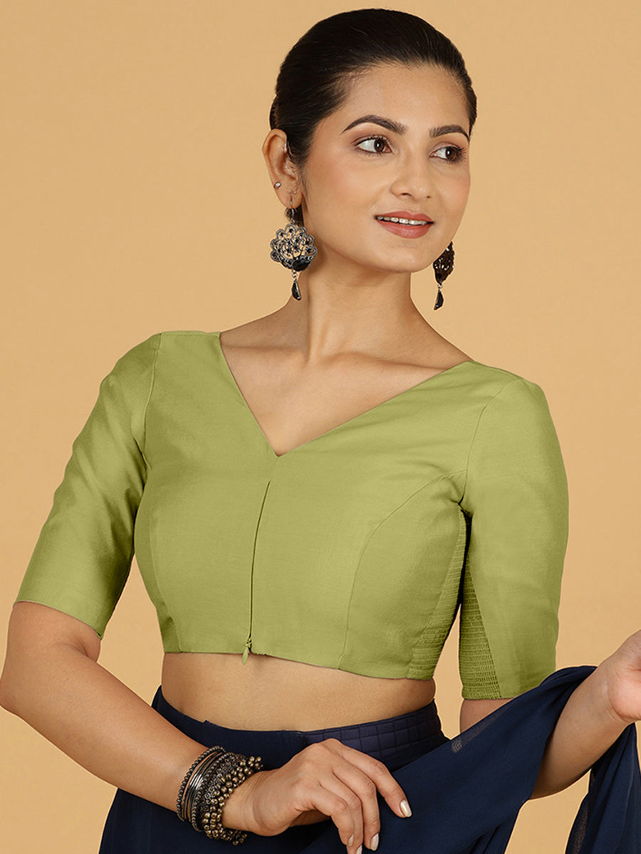 Vedika x Rozaana Saree Blouse, in Green Viscose, featuring elbow sleeves and v-neckline, made for daily & work (view 8).