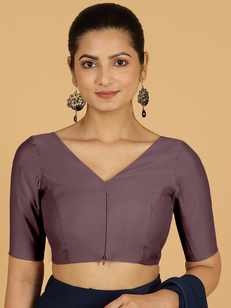 Vedika x Rozaana Saree Blouse, in Purple Viscose, featuring elbow sleeves and v-neckline, made for daily & work.