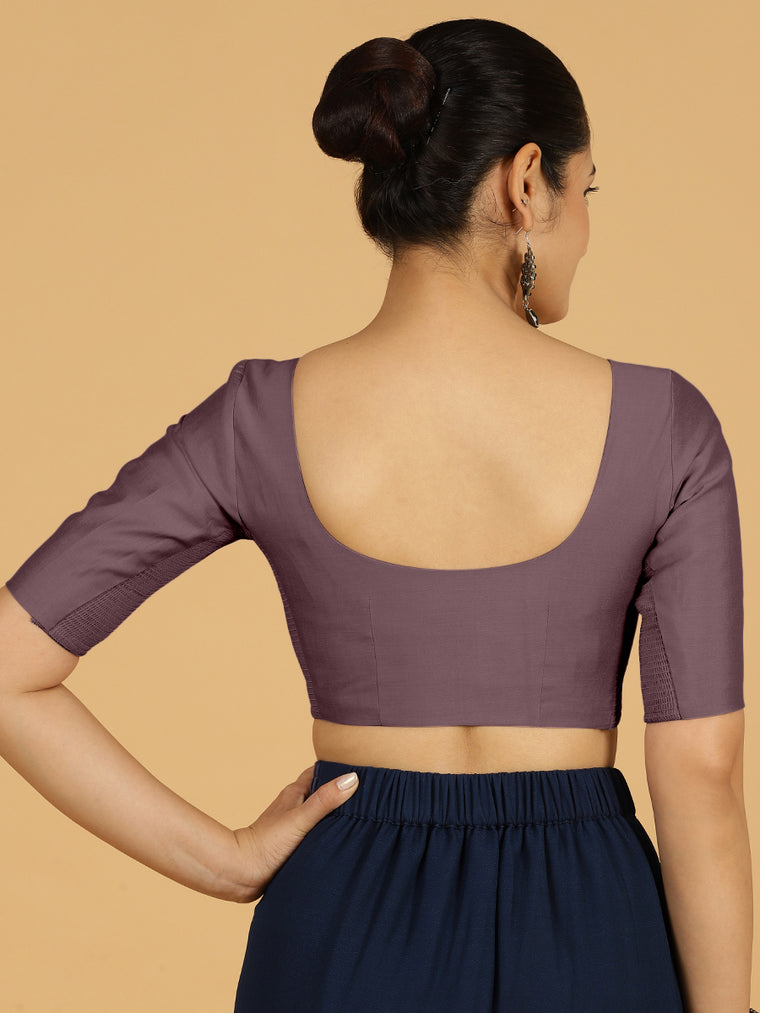 Vedika x Rozaana Saree Blouse, in Purple Viscose, featuring elbow sleeves and v-neckline, made for daily & work (view 2).