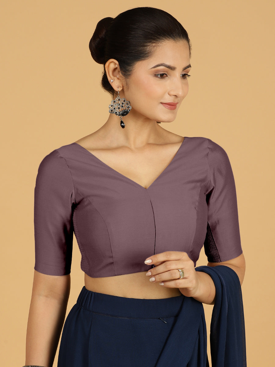 Vedika x Rozaana Saree Blouse, in Purple Viscose, featuring elbow sleeves and v-neckline, made for daily & work (view 6).