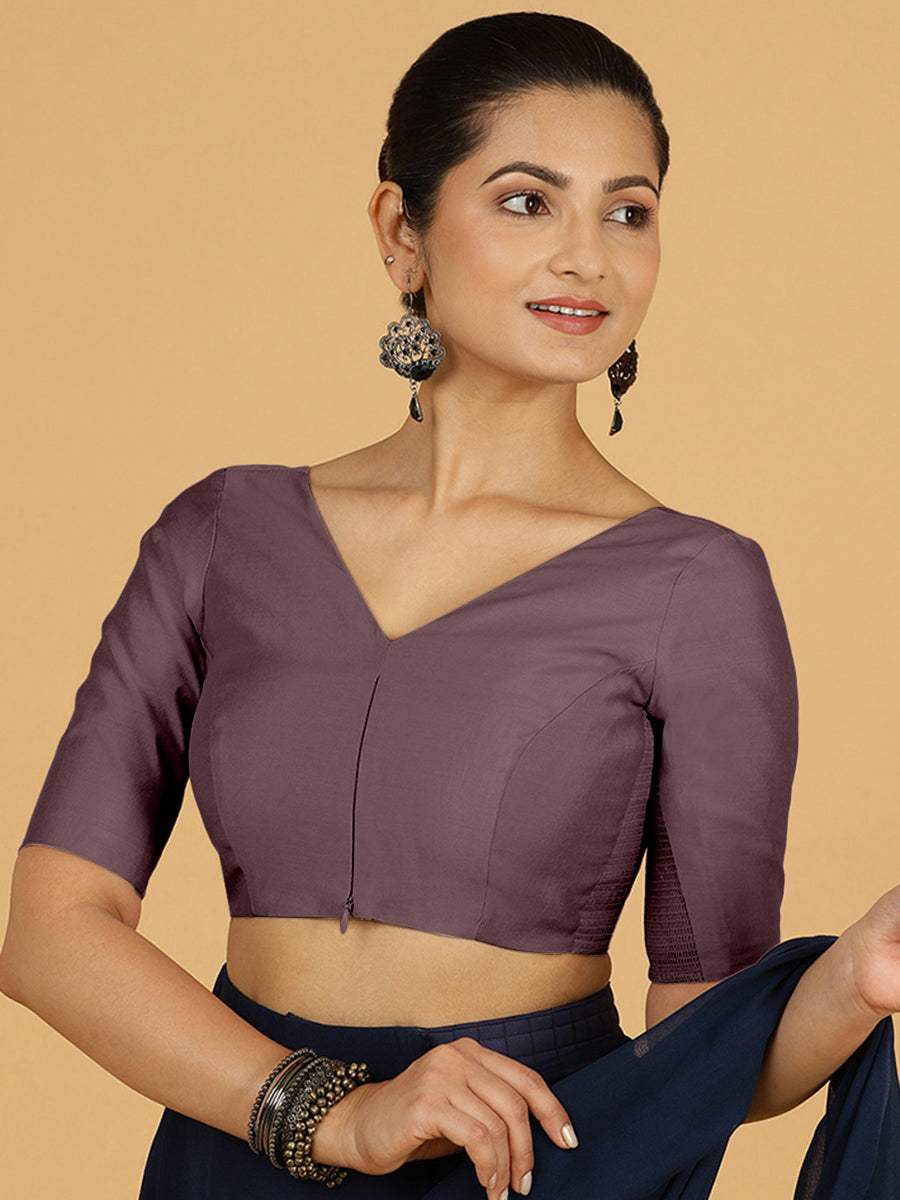 Vedika x Rozaana Saree Blouse, in Purple Viscose, featuring elbow sleeves and v-neckline, made for daily & work (view 8).