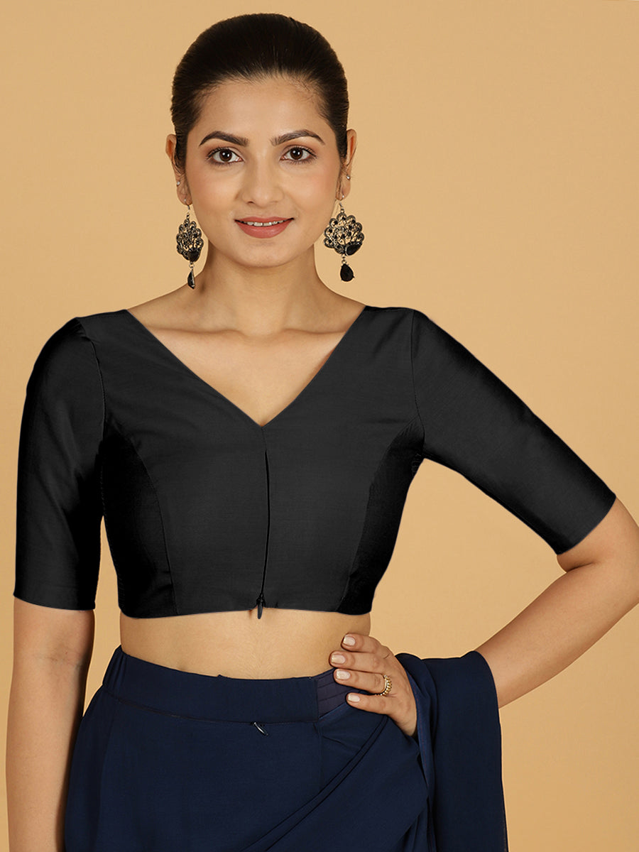 Vedika x Rozaana Saree Blouse, in Black Viscose, featuring elbow sleeves and v-neckline, made for daily & work (view 8).