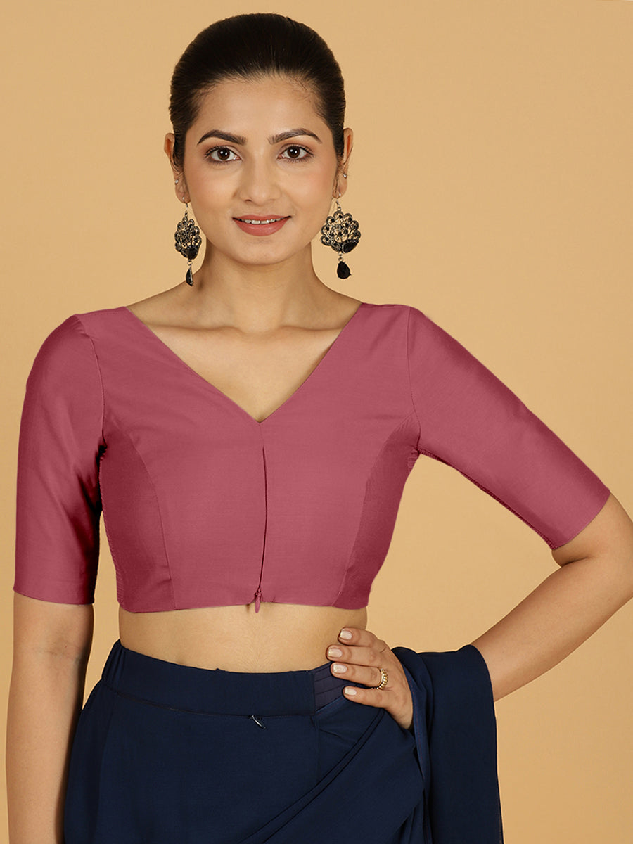 Vedika x Rozaana Saree Blouse, in Pink Viscose, featuring elbow sleeves and v-neckline, made for daily & work (view 8).