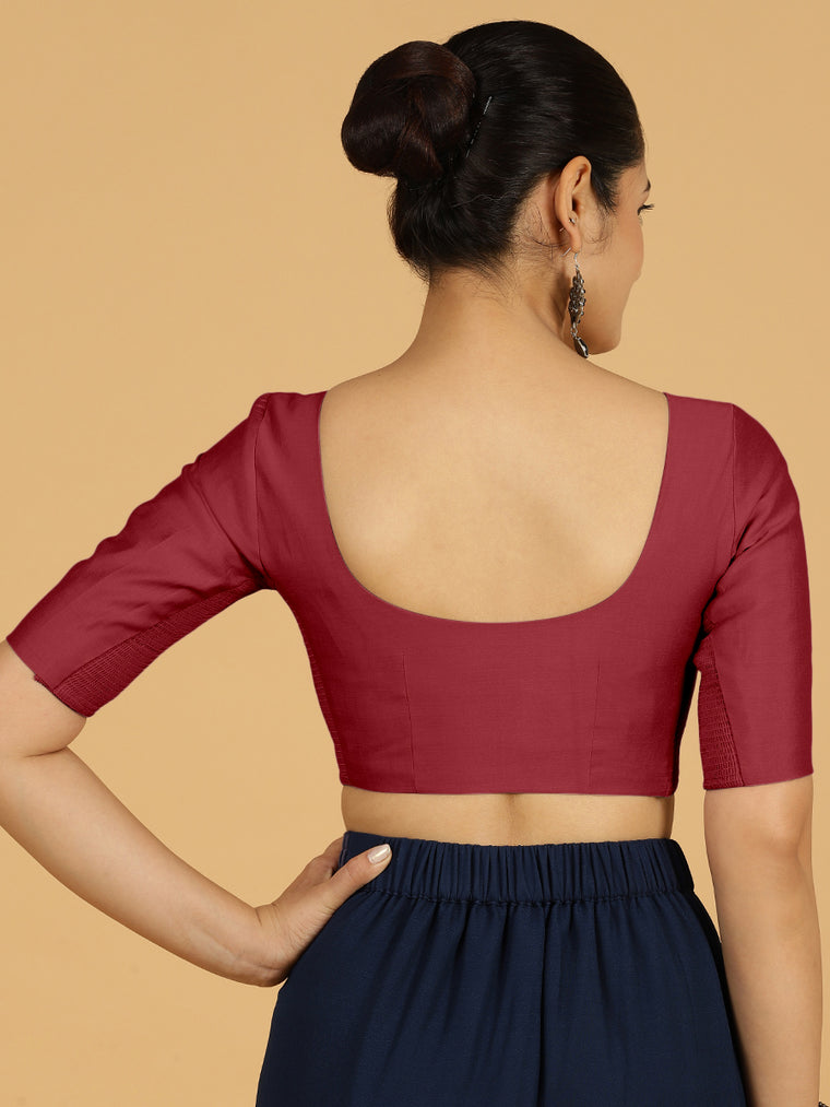 Vedika x Rozaana Saree Blouse, in Red Viscose, featuring elbow sleeves and v-neckline, made for daily & work (view 2).