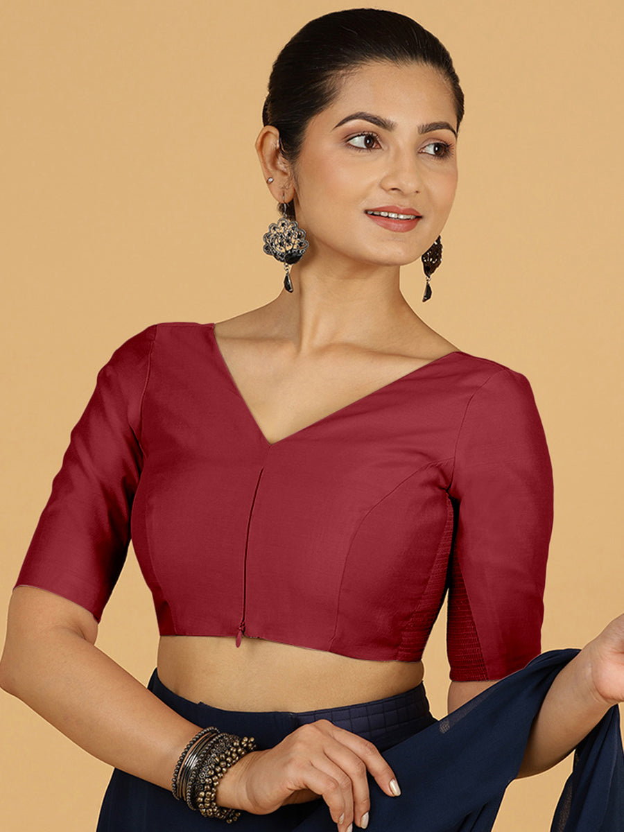 Vedika x Rozaana Saree Blouse, in Red Viscose, featuring elbow sleeves and v-neckline, made for daily & work (view 7).
