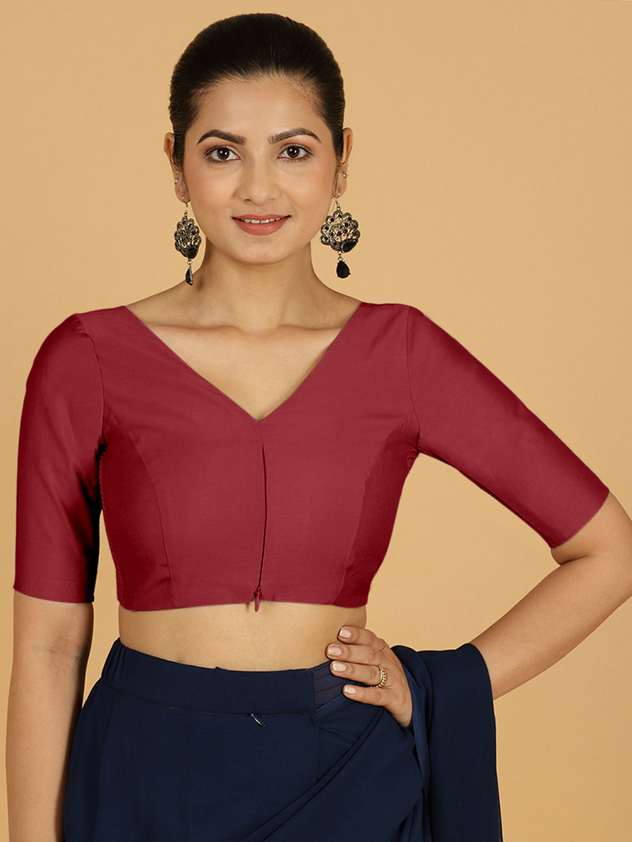 Vedika x Rozaana Saree Blouse, in Red Viscose, featuring elbow sleeves and v-neckline, made for daily & work (view 8).