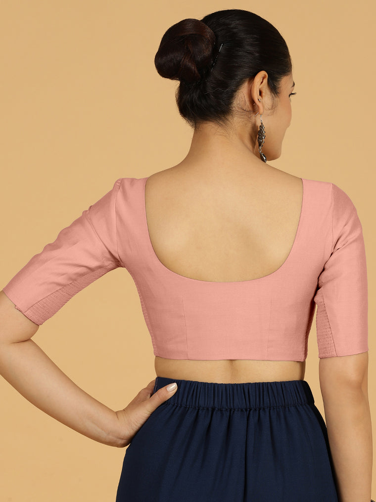 Vedika x Rozaana Saree Blouse, in Pink Viscose, featuring elbow sleeves and v-neckline, made for daily & work (view 2).
