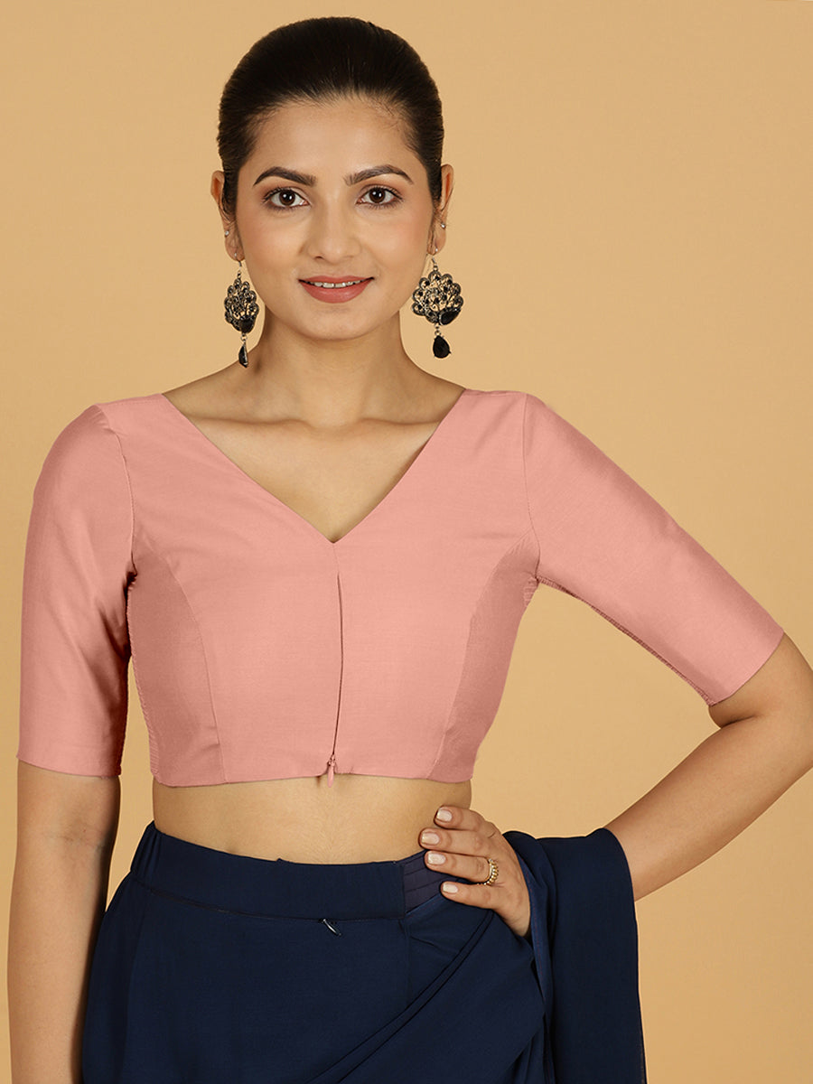 Vedika x Rozaana Saree Blouse, in Pink Viscose, featuring elbow sleeves and v-neckline, made for daily & work (view 8).