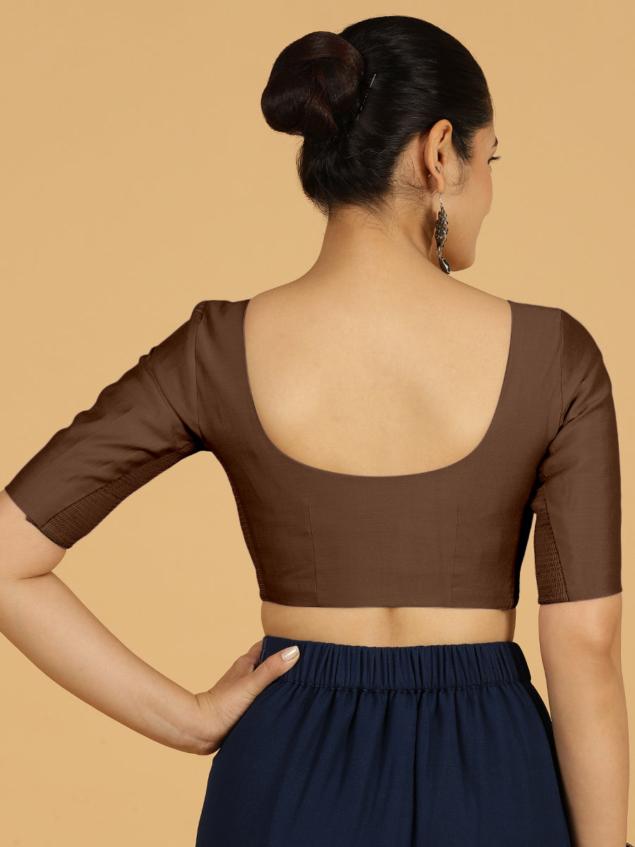 Vedika x Rozaana Saree Blouse, in Brown Viscose, featuring elbow sleeves and v-neckline, made for daily & work (view 2).