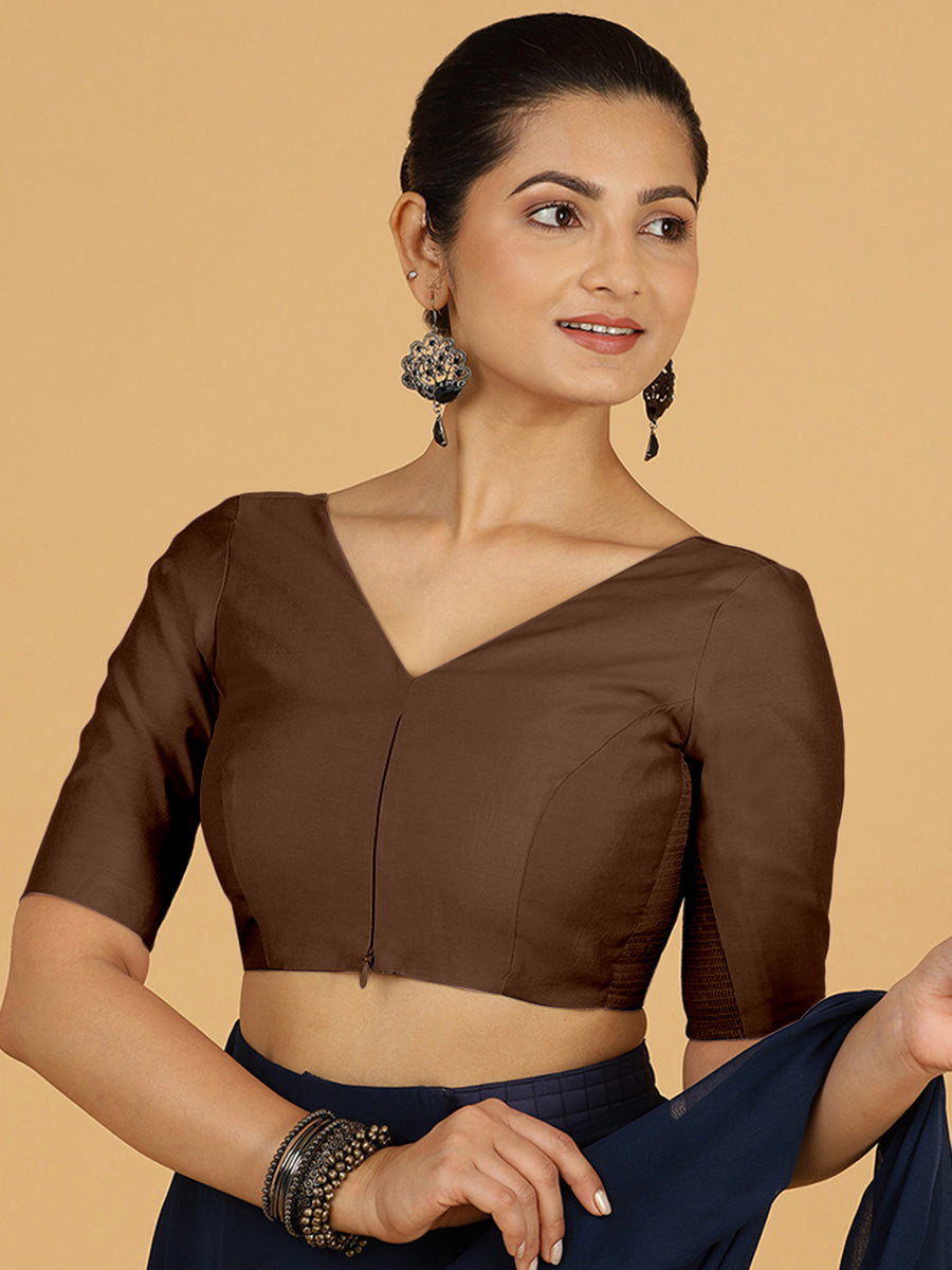 Vedika x Rozaana Saree Blouse, in Brown Viscose, featuring elbow sleeves and v-neckline, made for daily & work (view 8).