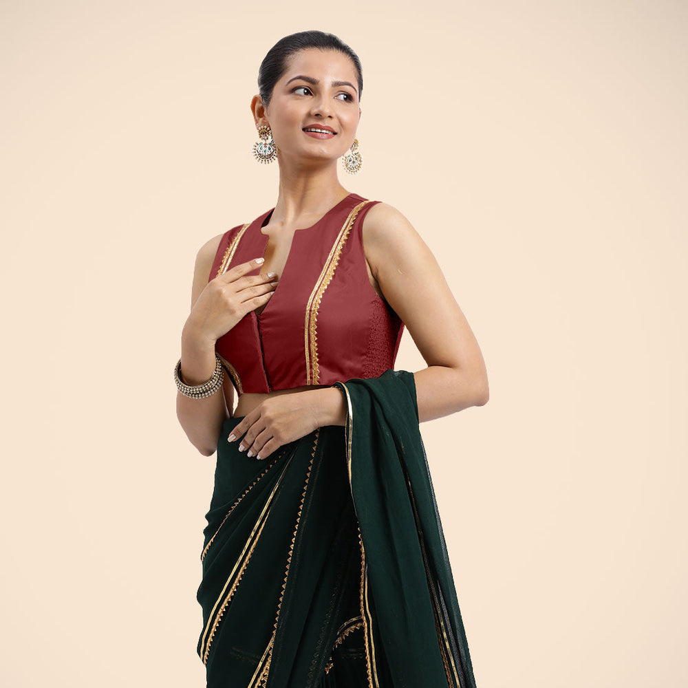 Veena x Tyohaar | Auburn Red Sleeveless FlexiFit™ Saree Blouse with Front Open Closed Neckline with Slit and Golden Gota Lace