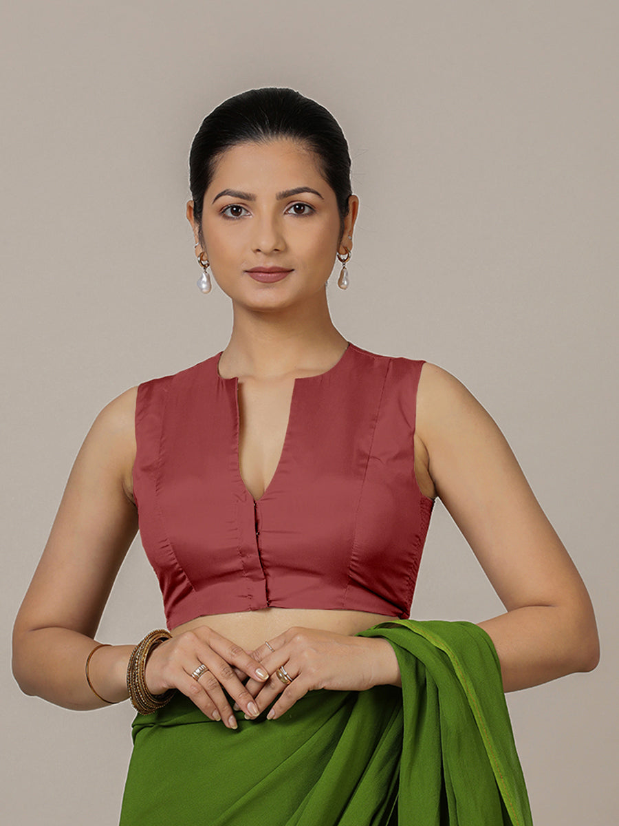 Veena x Rozaana Saree Blouse, in Red Vegan Silk, featuring sleeveless and curved v-neckline, made for party & festive.