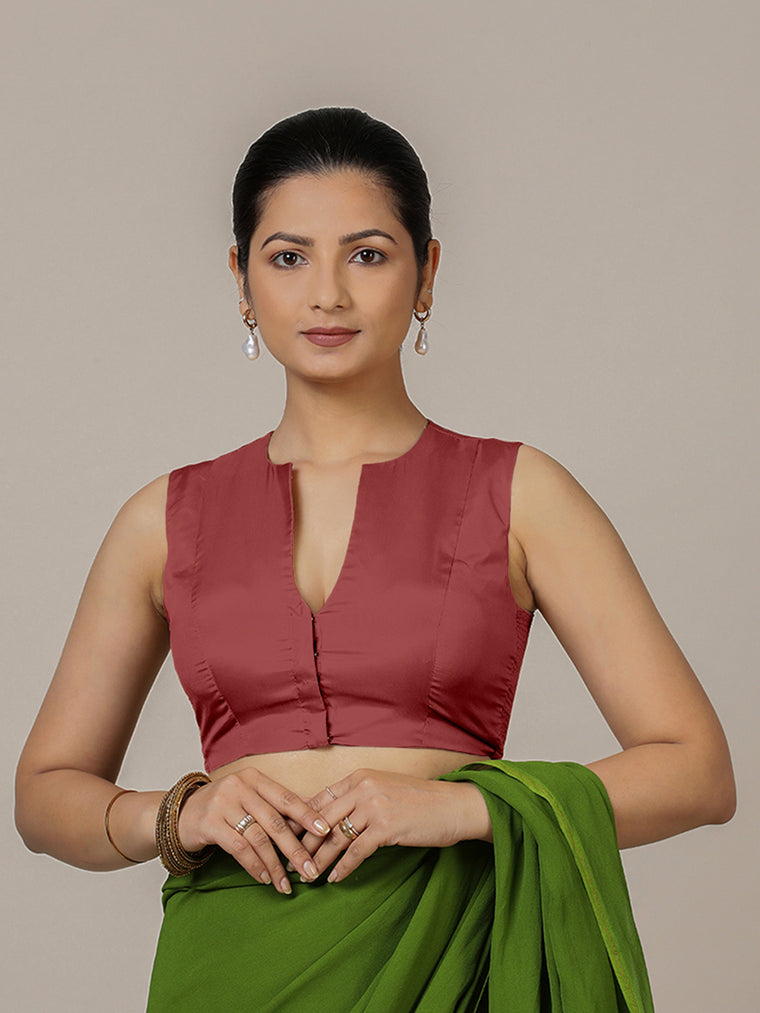 Veena x Rozaana Saree Blouse, in Red Vegan Silk, featuring sleeveless and curved v-neckline, made for party & festive.