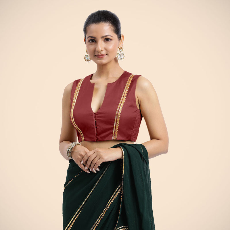 Veena x Tyohaar | Auburn Red Sleeveless FlexiFit™ Saree Blouse with Front Open Closed Neckline with Slit and Golden Gota Lace-Binks