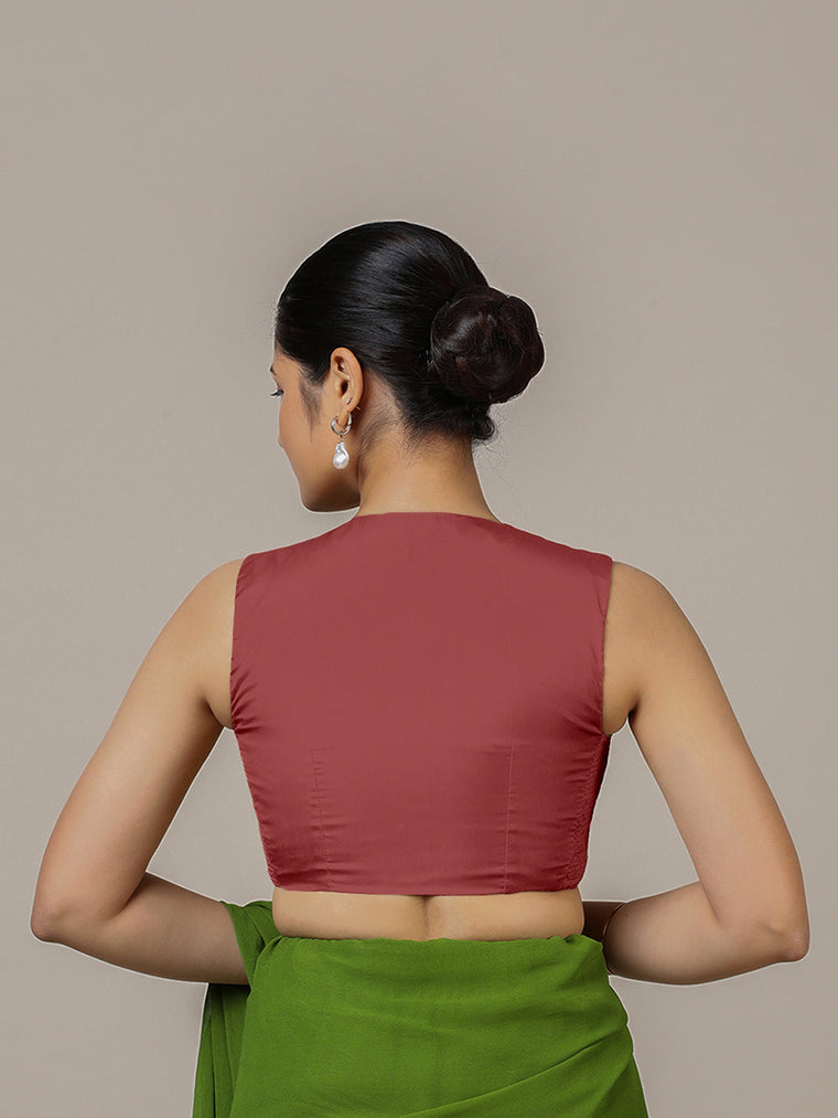 Veena x Rozaana Saree Blouse, in Red Vegan Silk, featuring sleeveless and curved v-neckline, made for party & festive (view 2).