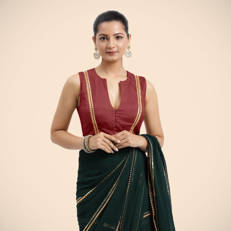 Veena x Tyohaar | Auburn Red Sleeveless FlexiFit™ Saree Blouse with Front Open Closed Neckline with Slit and Golden Gota Lace-Binks