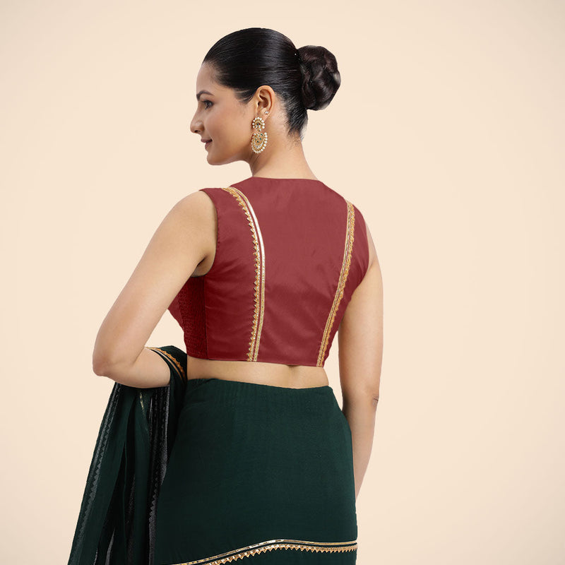 Veena x Tyohaar | Auburn Red Sleeveless FlexiFit™ Saree Blouse with Front Open Closed Neckline with Slit and Golden Gota Lace-Binks
