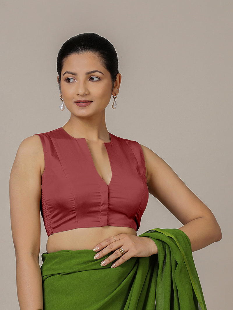 Veena x Rozaana | Sleeveless Saree Blouse in Auburn Red-Binks