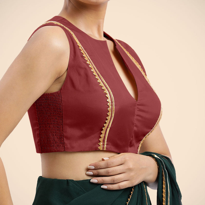 Veena x Tyohaar | Auburn Red Sleeveless FlexiFit™ Saree Blouse with Front Open Closed Neckline with Slit and Golden Gota Lace-Binks