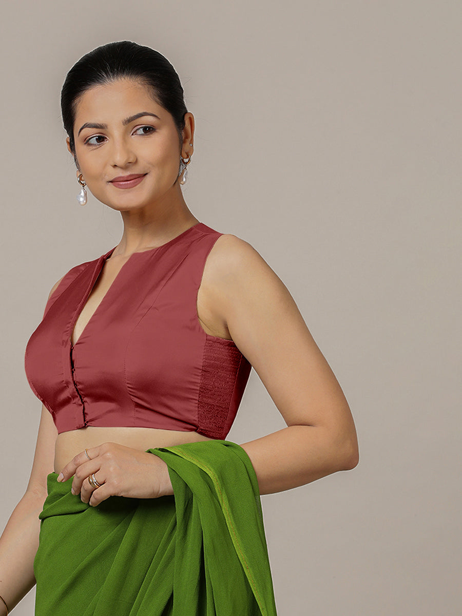 Veena x Rozaana Saree Blouse, in Red Vegan Silk, featuring sleeveless and curved v-neckline, made for party & festive (view 5).