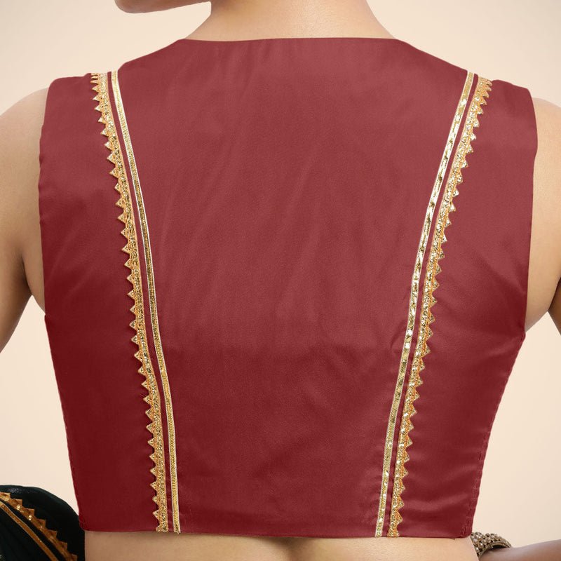 Veena x Tyohaar | Auburn Red Sleeveless FlexiFit™ Saree Blouse with Front Open Closed Neckline with Slit and Golden Gota Lace-Binks