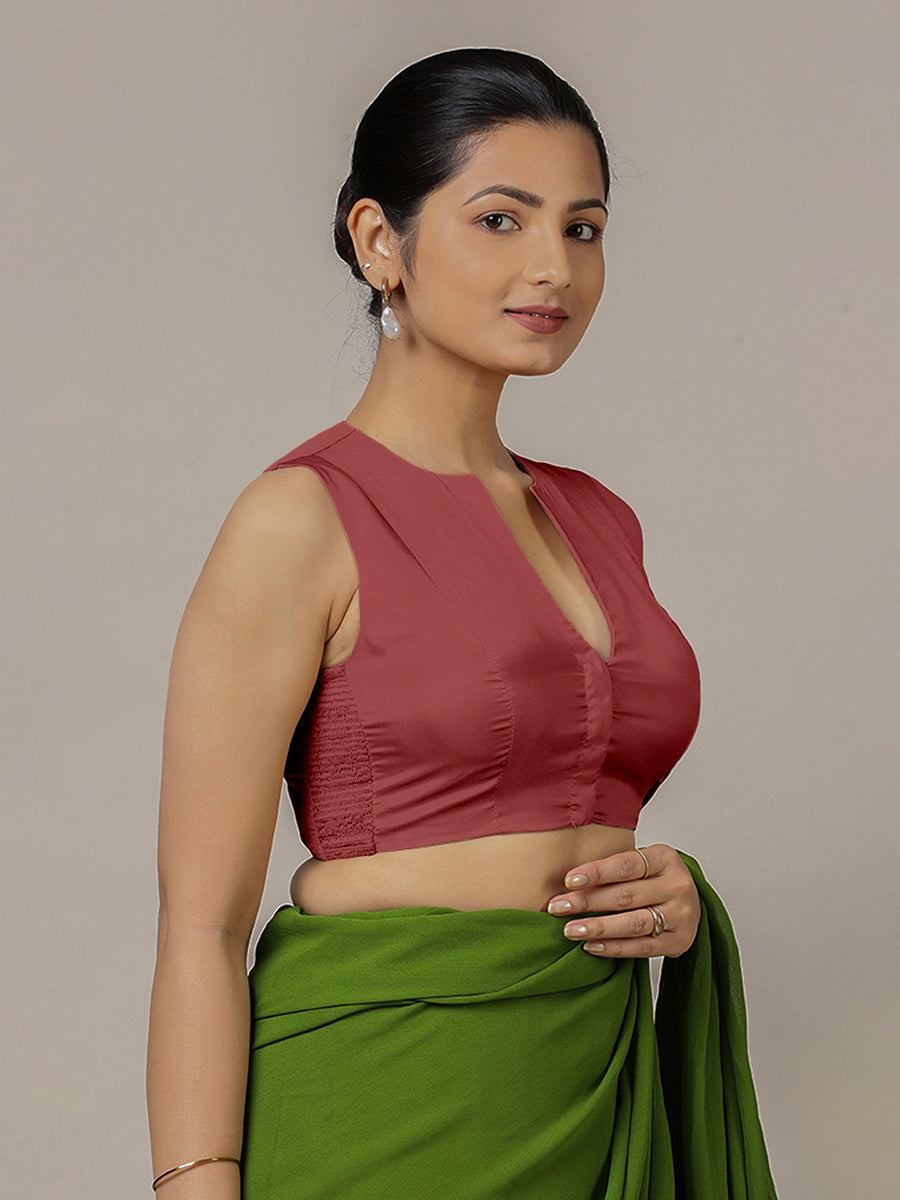 Veena x Rozaana Saree Blouse, in Red Vegan Silk, featuring sleeveless and curved v-neckline, made for party & festive (view 7).