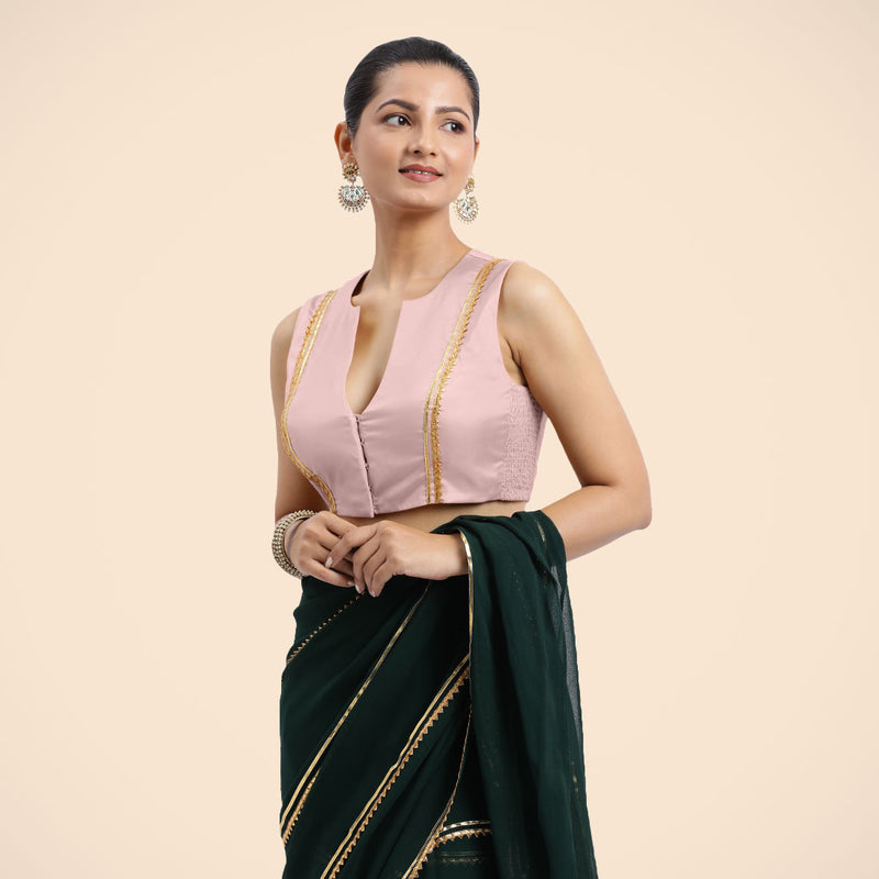 Veena x Tyohaar | Sleeveless Baby Pink FlexiFit™Gota Embellished Saree Blouse with Curved V-Neck-Binks