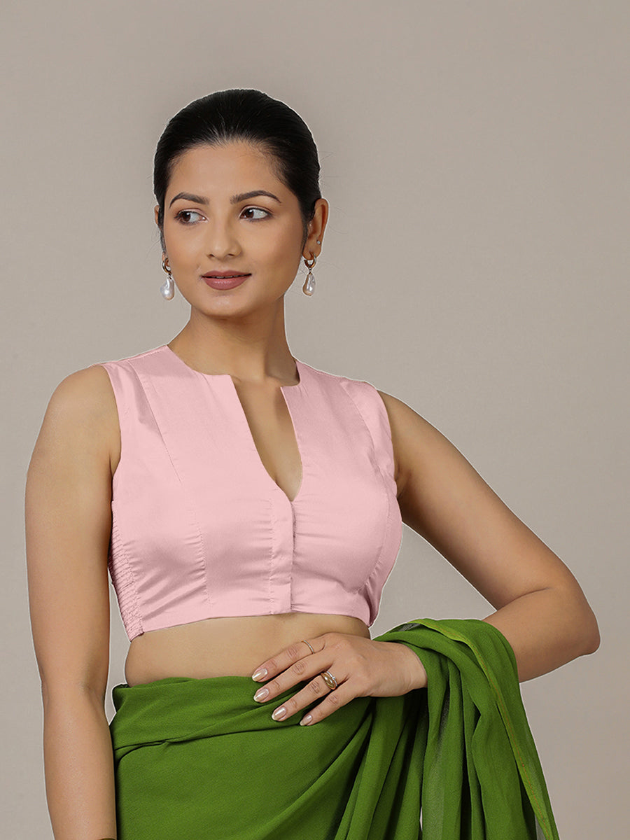 Veena x Rozaana | Sleeveless Baby Pink FlexiFit™ Saree Blouse with Curved V-Neck