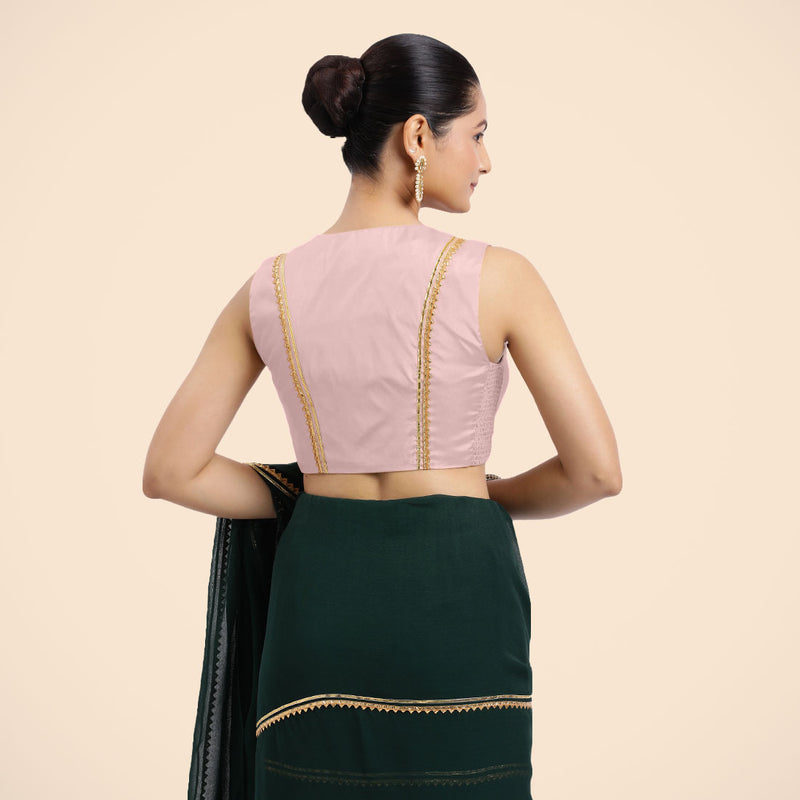 Veena x Tyohaar | Sleeveless Baby Pink FlexiFit™Gota Embellished Saree Blouse with Curved V-Neck-Binks