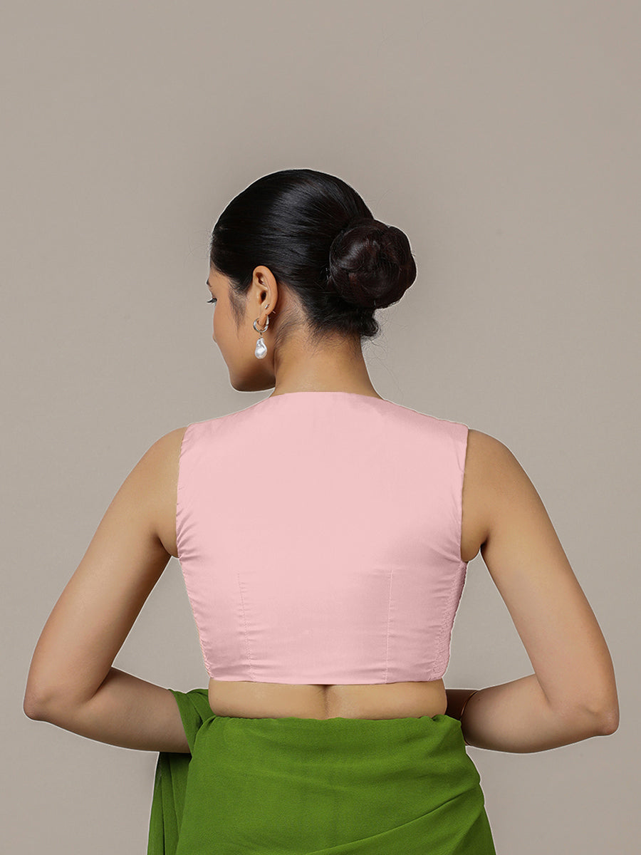 Veena x Rozaana Saree Blouse, in Pink Artificial Silk, featuring sleeveless and curved v-neckline, made for party & festive.