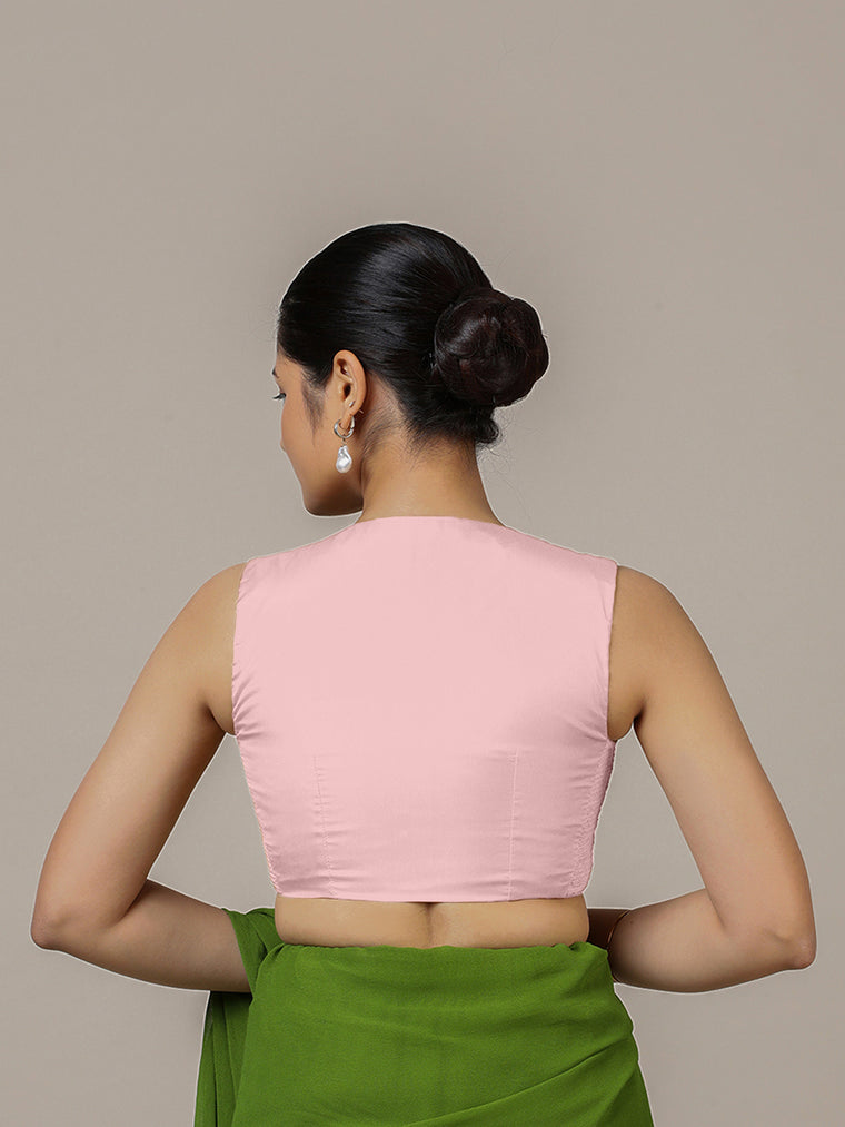 Veena x Rozaana Saree Blouse, in Pink Artificial Silk, featuring sleeveless and curved v-neckline, made for party & festive.