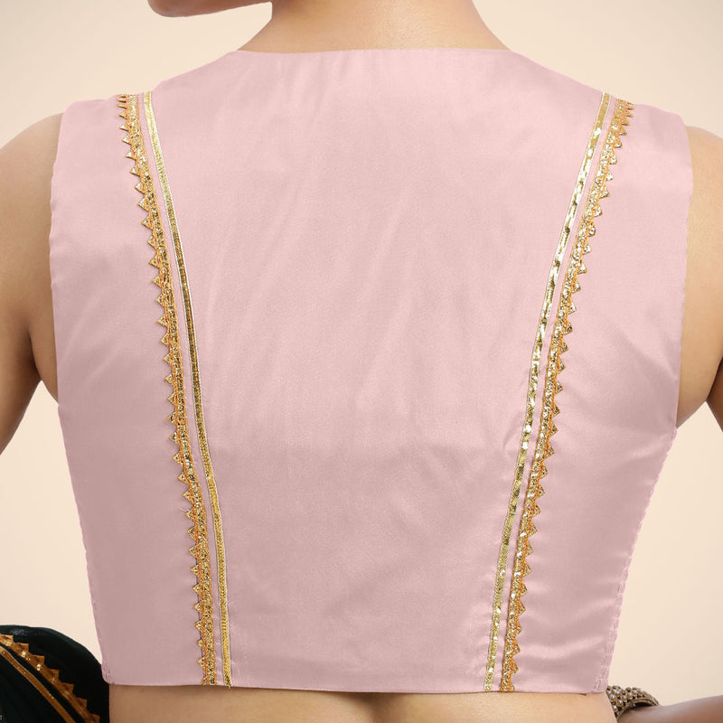 Veena x Tyohaar | Sleeveless Baby Pink FlexiFit™Gota Embellished Saree Blouse with Curved V-Neck-Binks