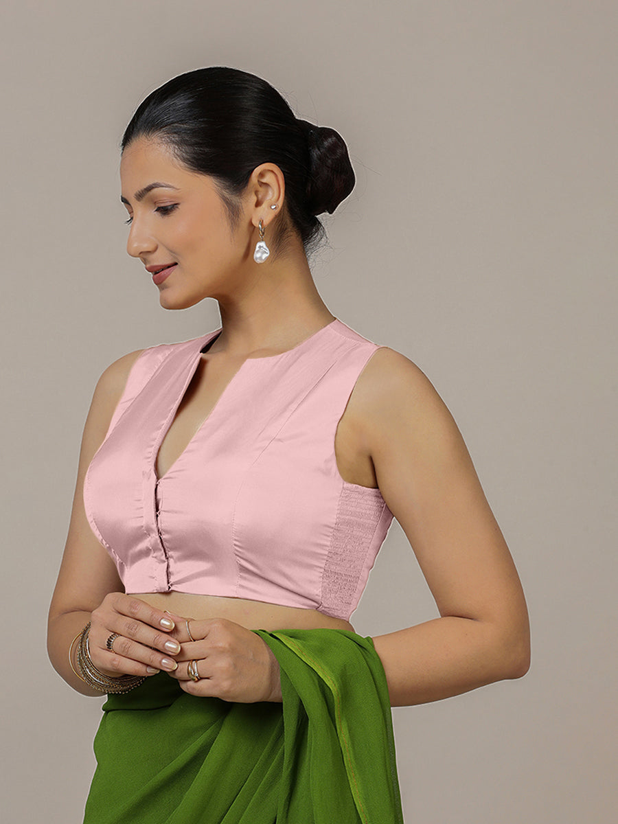 Veena x Rozaana Saree Blouse, in Pink Artificial Silk, featuring sleeveless and curved v-neckline, made for party & festive.