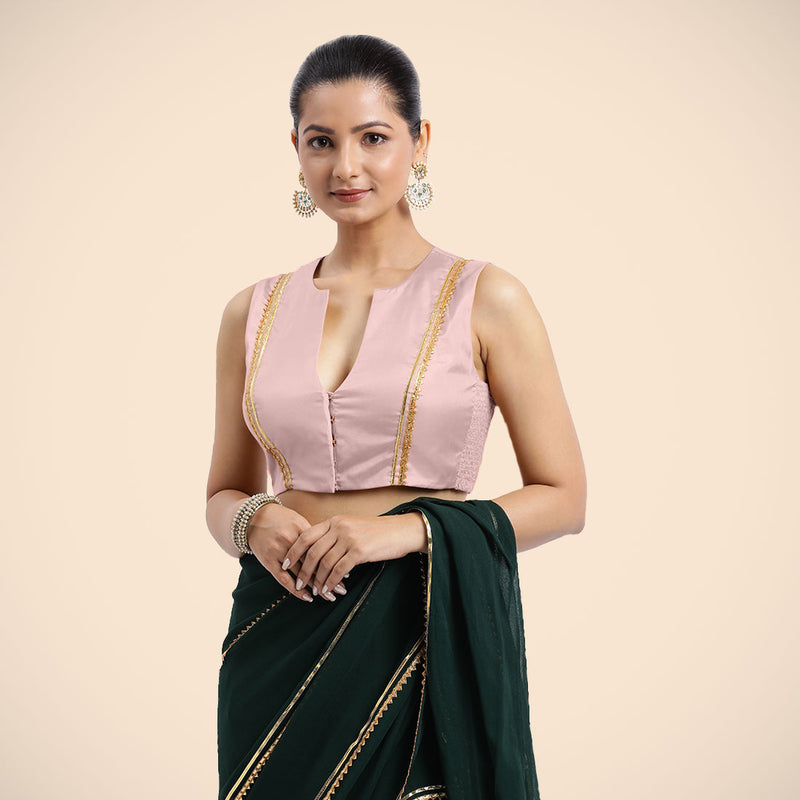 Veena x Tyohaar | Sleeveless Baby Pink FlexiFit™Gota Embellished Saree Blouse with Curved V-Neck-Binks