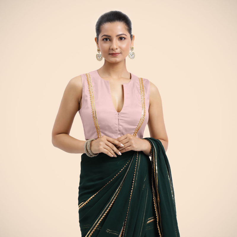 Veena x Tyohaar | Sleeveless Baby Pink FlexiFit™Gota Embellished Saree Blouse with Curved V-Neck-Binks