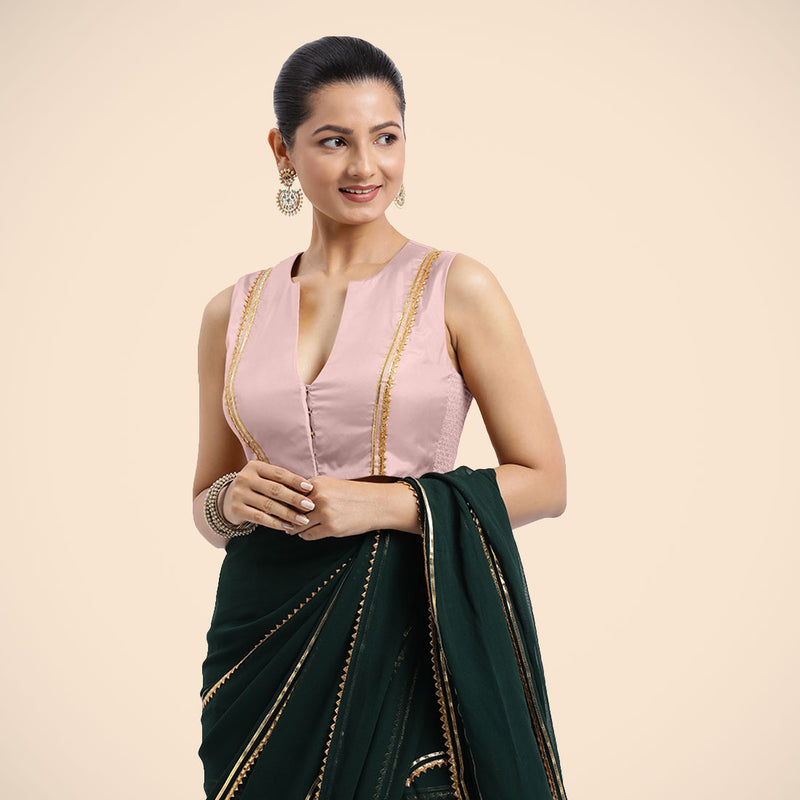 Veena x Tyohaar | Sleeveless Baby Pink FlexiFit™Gota Embellished Saree Blouse with Curved V-Neck-Binks