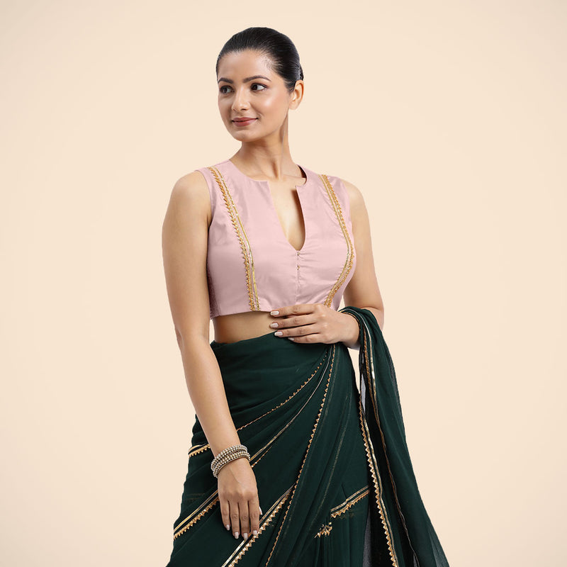 Veena x Tyohaar | Sleeveless Baby Pink FlexiFit™Gota Embellished Saree Blouse with Curved V-Neck-Binks