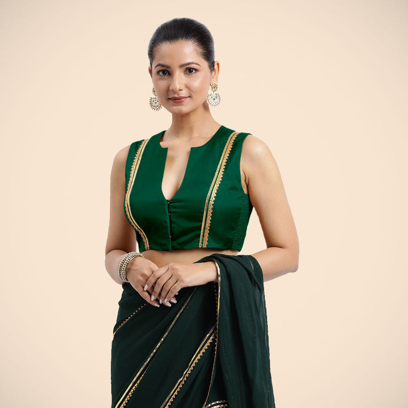 Veena x Tyohaar | Bottle Green Sleeveless FlexiFit™ Saree Blouse with Front Open Closed Neckline with Slit and Golden Gota Lace-Binks