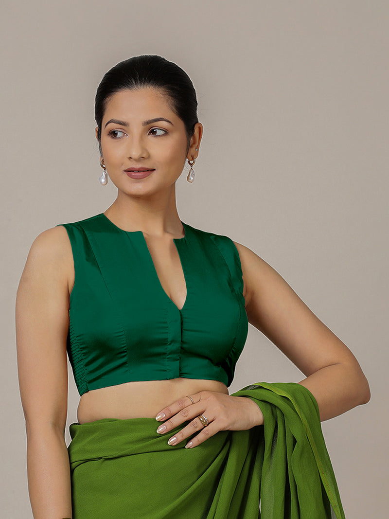 Veena x Rozaana | Sleeveless Saree Blouse in Bottle Green-Binks